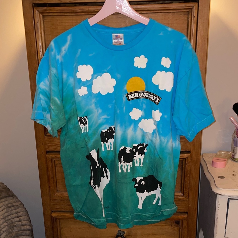 Vintage Ben & Jerry’s tie-dye T-shirt, large cows grass euphoria, Bayside USA